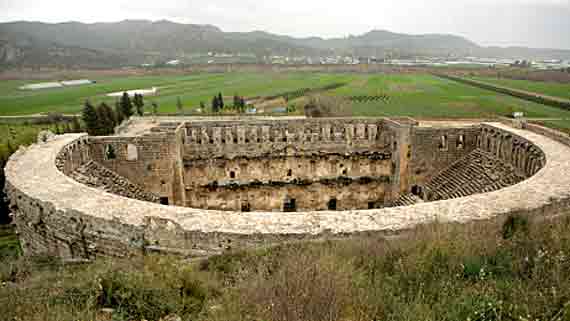 Aspendos-Amphitheater bei Antalya, Türkische Rivera, Türkei ( Urlaub, Reisen, Lastminute-Reisen, Pauschalreisen )